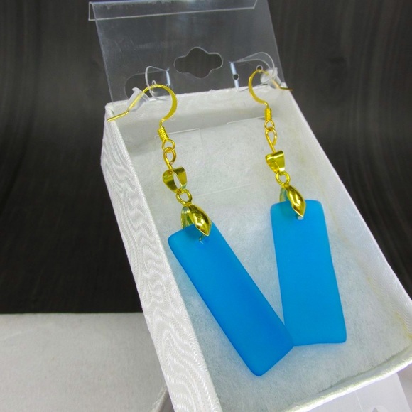 Gold Plated Electric Blue Frosty Glass Earrings - Picture 2 of 3